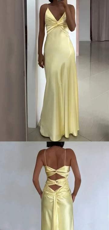 Simple Yellow V Neck Satin A Line Prom Dress Evening Dress Y8551 by simplepromdress