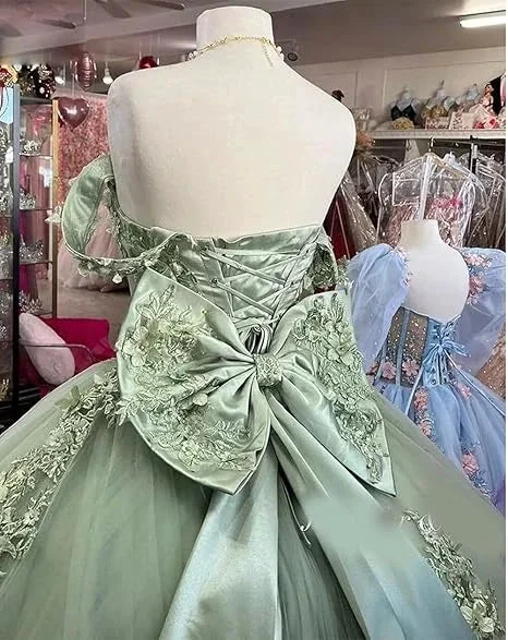 Off Shoulder Lace Tulle Quinceanera Dresses Dark Green Applique Ball Gown Y4080 by simplepromdress
