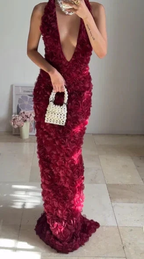 Gorgeous Deep V Burgundy Rose Flowers Sheath Long Prom Dress Evening Dress Y8504 by simplepromdress