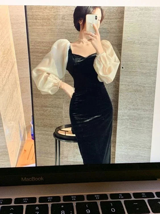 Winter V-Neck Elegant Black Stitching Velvet Dress Female Retro High Waist Puff Sleeves Evening Dress Y5673 by simplepromdress