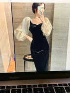 Winter V-Neck Elegant Black Stitching Velvet Dress Female Retro High Waist Puff Sleeves Evening Dress Y5673 by simplepromdress