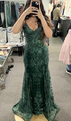 Unique Straps Dark Green Lace Mermaid evening Dress Long Prom Dress Y7878