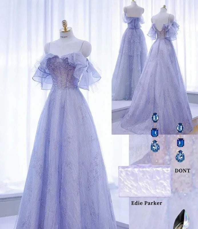 Vestido de Baile de Tule Brilhante com Lantejoulas, Corte em A, Estilo Fada, Modelo Y7793