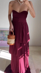 Burgundy Strapless Chiffon Pleated Tiered Long Evening Dress A Line Prom Dress Y8503 by simplepromdress