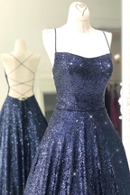 Sparkly Backless Navy Blue Long Prom Dresses Open Back Long Navy Blue Formal Evening Dresses Y875