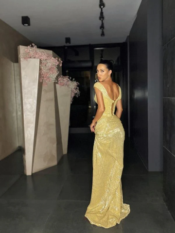 Vestido de noche de lentejuelas divididas sin mangas de moda Y4279