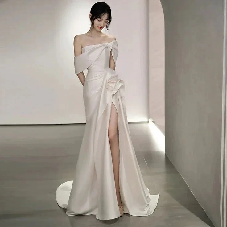 Off Shoulder Satin Wedding Dress White Mermaid Long Bridal Gown with Slit Y7336 by simplepromdress