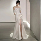 Off Shoulder Satin Wedding Dress White Mermaid Long Bridal Gown with Slit Y7336 by simplepromdress