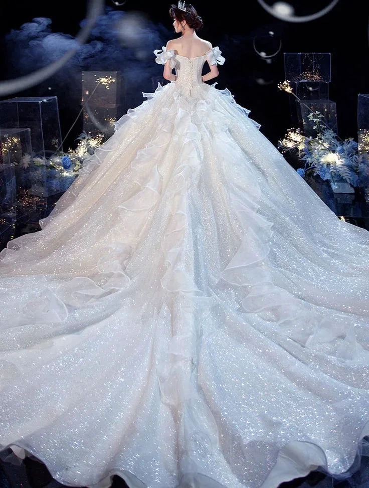 Fairy Romantic Off Shoulder White Wedding Dress Sweep Train Y6878 by simplepromdress