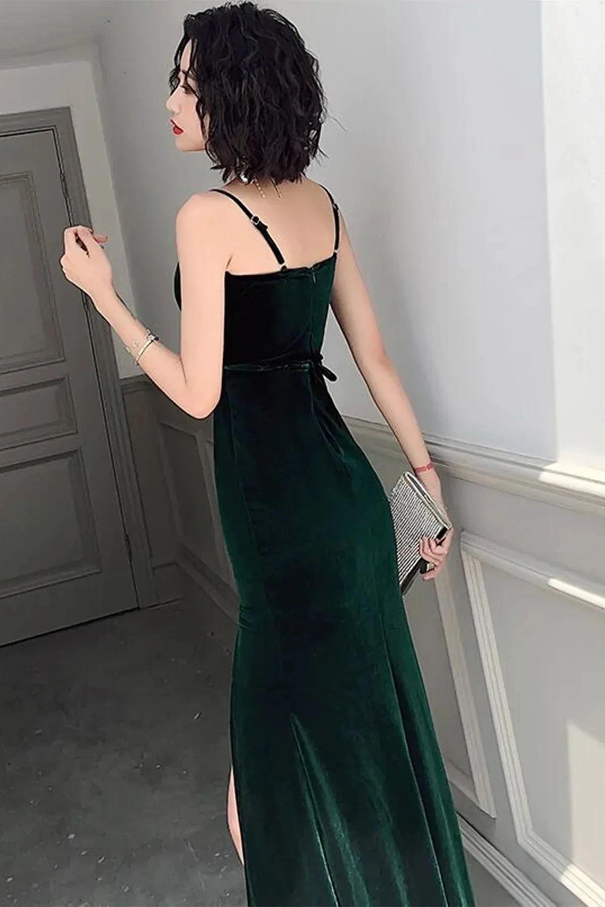 Simple V Neck Dark Green Velvet Long Prom Dresses, Dark Green Velvet Formal Graduation Evening Dresses Y2926 by simplepromdress