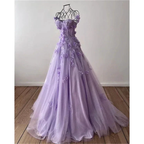Elegant lavender tulle evening gown with floral appliqué on display, ZAPDRESS fashion