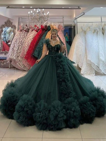 Lujoso vestido de fiesta de tul verde, vestido de quinceañera Y6576