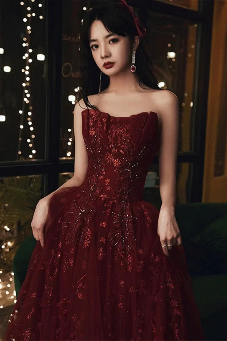 Wine Red Floral Lace and Tulle Long Evening Gown Party Dress Burgundy Formal Dresses Y1661 by simplepromdress