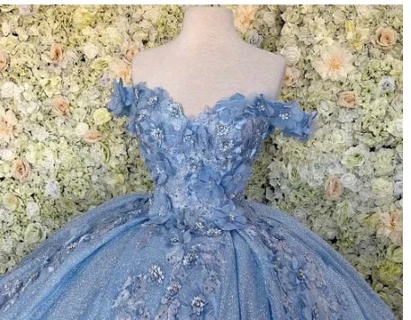 Off the shoulder blue ball gown , sparkly prom dress with flowers S26908 by simplepromdress