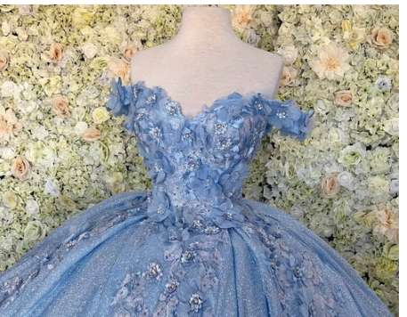 Vestido de fiesta azul con hombros descubiertos, vestido de fiesta brillante con flores S26908