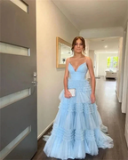 Blue Pleats A-line Evening Dress Multilayer Floor Length Prom Dress Y5612 by simplepromdress