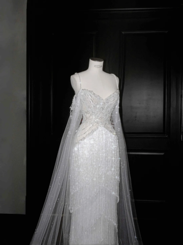 Luxury White Tulle Pearl Bead Chain Beaded Tassel Prom Dress Evening Dress,Off Shoulder Wedding Dress Y8662