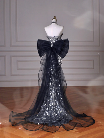 Black Glitter Sequins Tulle Mermaid Prom Dress Strapless Evening Dress With Bow Y8615