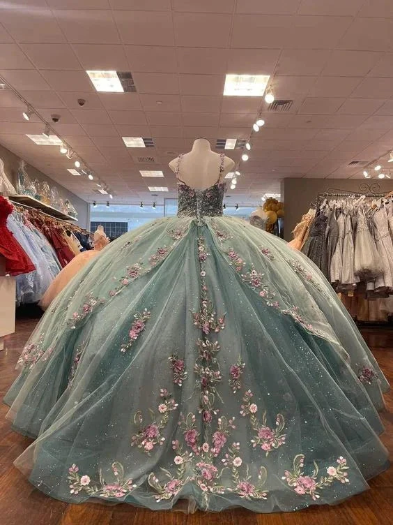 Glitter Sweetheart Spaghetti Strap Quinceanera Dresses Gorgeous 3D Flower Applique Beading Ball Gown Y4711 by simplepromdress