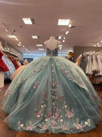 Glitter Sweetheart Spaghetti Strap Quinceanera Dresses Gorgeous 3D Flower Applique Beading Ball Gown Y4711 by simplepromdress