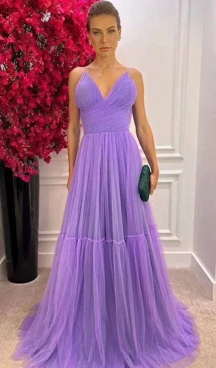 A-line V Neck Purple Tulle Prom Dress Purple Evening Dress Y6168 by simplepromdress