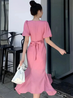 Classy Pink Puff Sleeves Mid-length Prom Dress Pink Evening Dress Y7113 by simplepromdress