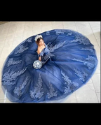 Navy Off The Shoulder Tulle Lace Quinceanera Dress,Navy Blue Ball Gown Sweet 15 Dress Y2985 by simplepromdress