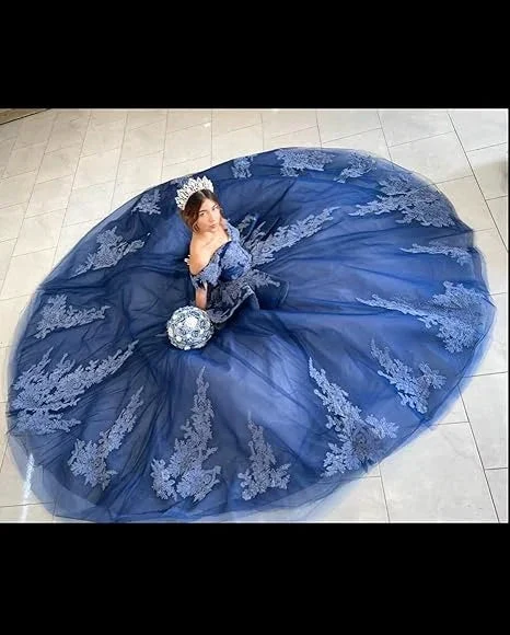 Navy Off The Shoulder Tulle Lace Quinceanera Dress,Navy Blue Ball Gown Sweet 15 Dress Y2985 by simplepromdress