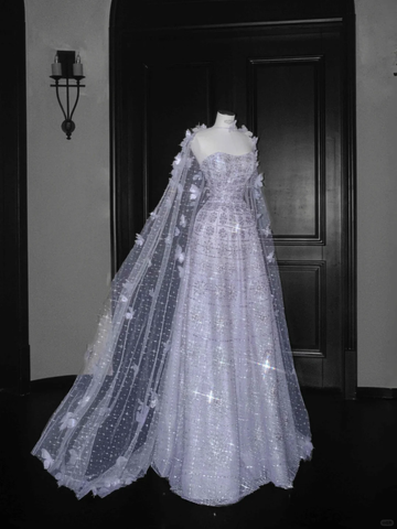 Pretty Lilac Tulle Beaded Appliques A Line Prom Evening Dress Formal Evening Dress Y8657