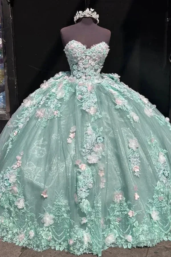Charming Strapless Lace Appliques Ball Gown,Green A Line Birthday Quinceanera Dress Y8246 by simplepromdress