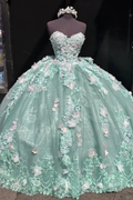 Charming Strapless Lace Appliques Ball Gown,Green A Line Birthday Quinceanera Dress Y8246 by simplepromdress