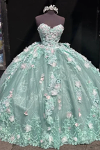 Charming Strapless Lace Appliques Ball Gown,Green A Line Birthday Quinceanera Dress Y8246 by simplepromdress