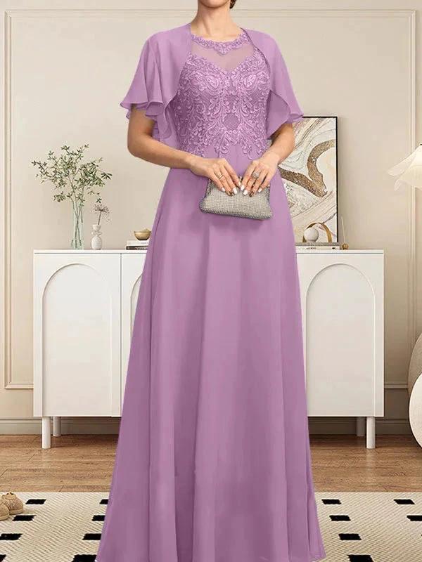 A-line Scoop Illusion Floor-Length Lace Chiffon Mother of the Bride Dress With Sequins by Dreamylily
