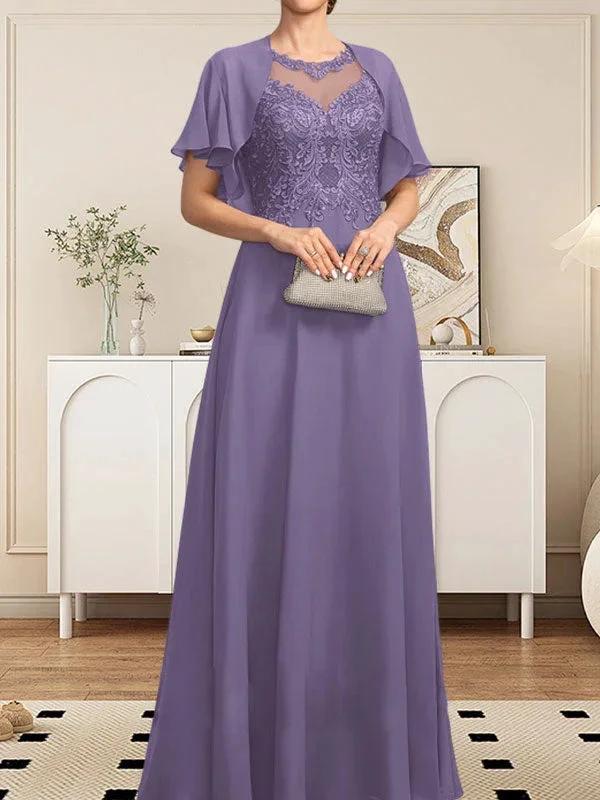 A-line Scoop Illusion Floor-Length Lace Chiffon Mother of the Bride Dress With Sequins by Dreamylily