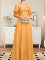 A-line Scoop Illusion Floor-Length Lace Chiffon Mother of the Bride Dress With Sequins by Dreamylily