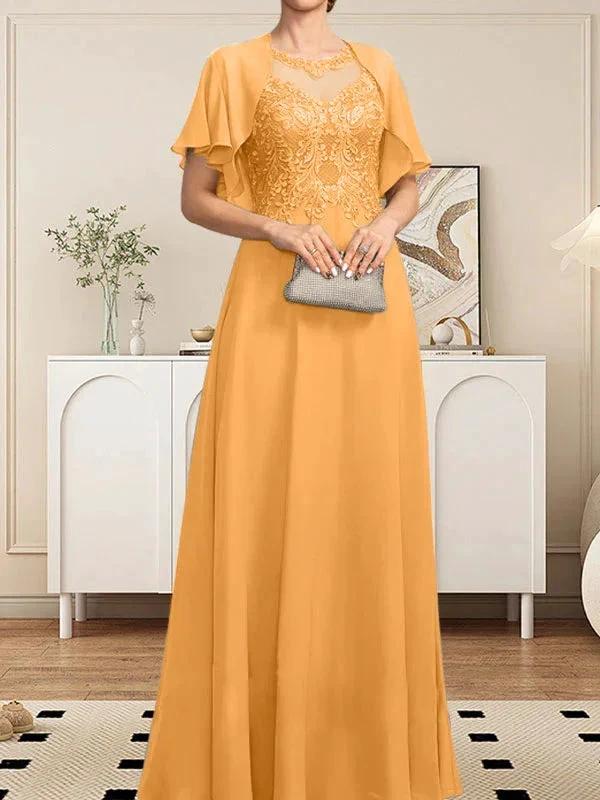 A-line Scoop Illusion Floor-Length Lace Chiffon Mother of the Bride Dress With Sequins by Dreamylily