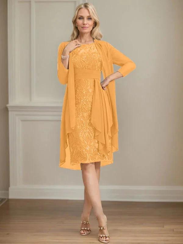 Sheath/Column Scoop Illusion Knee-Length Lace Chiffon Mother of the Bride Dress With Cascading Ruffles Sequins by Dreamylily