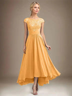 A-line Scoop Illusion Asymmetrical Lace Chiffon Mother of the Bride Dress With Pleated by Dreamylily