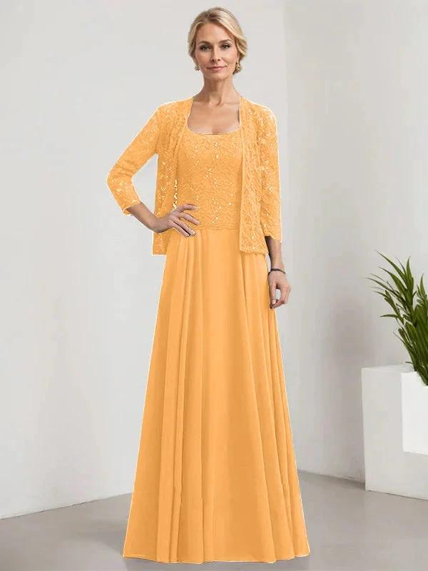 A-line Square Floor-Length Lace Chiffon Mother of the Bride Dress With Sequins by Dreamylily
