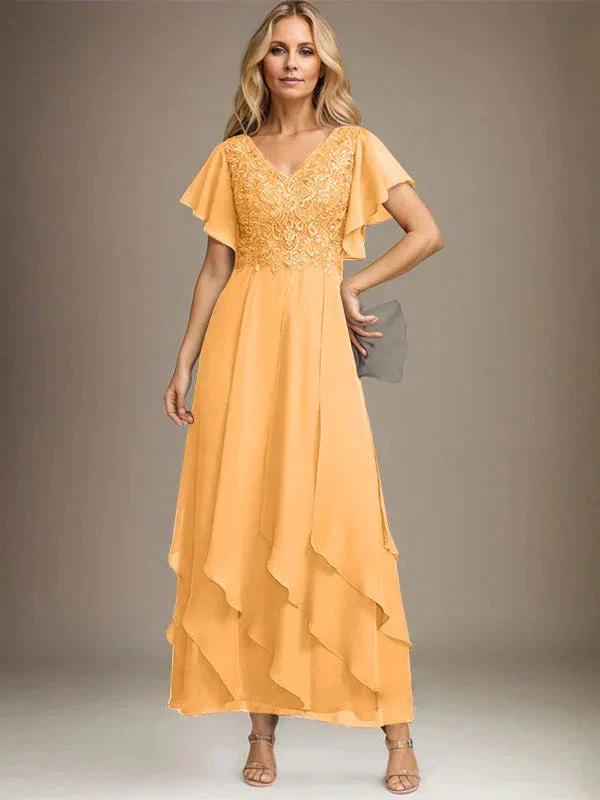 A-line V-Neck Ankle-Length Lace Chiffon Mother of the Bride Dress With Cascading Ruffles by Dreamylily