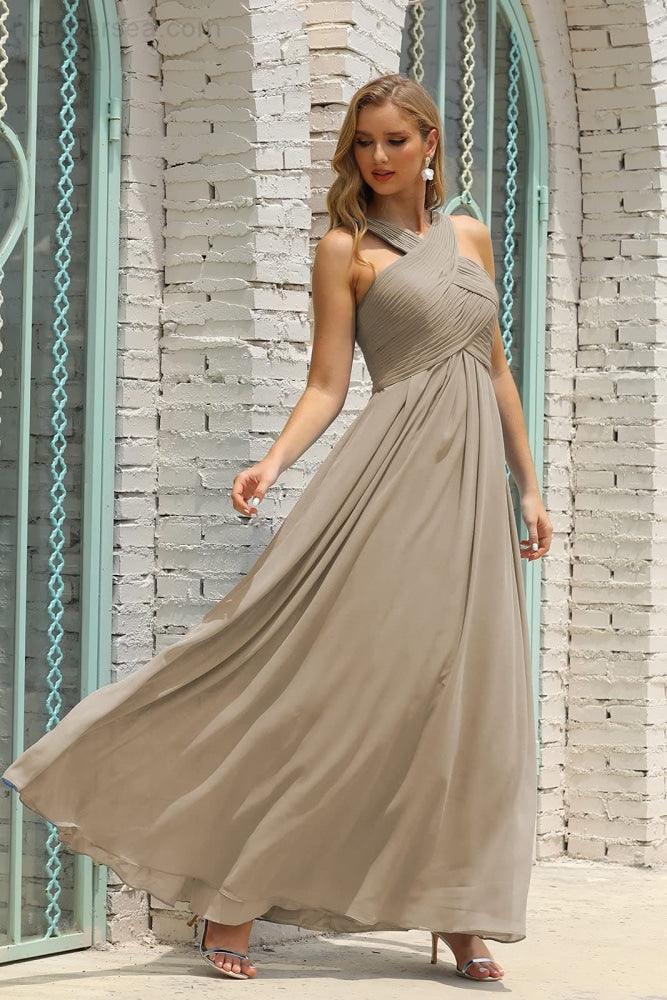 Vestido de dama de honor de gasa con cuello halter para mujer de Numbersea, corte A, largo, formal, para fiesta de graduación, SEA28015 