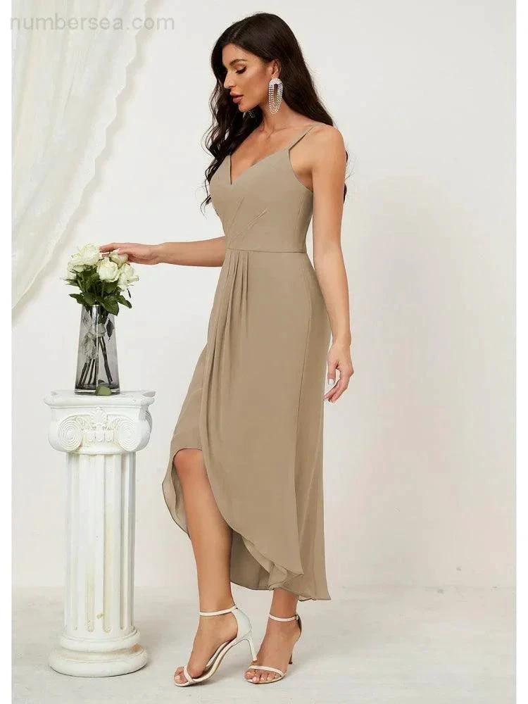 Numbersea Spaghetti Chiffon V Neck Bridesmaid Dress Mid-Length Slit Formal Prom Dress Homecoming Dress 2803 by numbersea