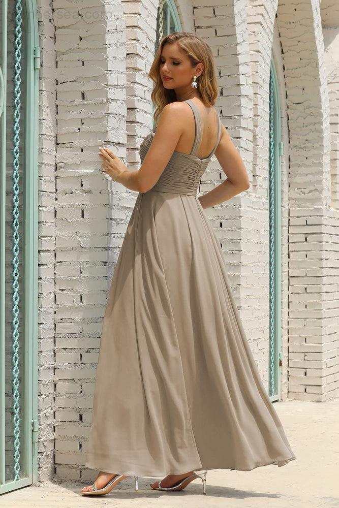 Vestido de dama de honor de gasa con cuello halter para mujer de Numbersea, corte A, largo, formal, para fiesta de graduación, SEA28015 