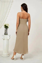 Numbersea Spaghetti Chiffon V Neck Bridesmaid Dress Mid-Length Slit Formal Prom Dress Homecoming Dress 2803 by numbersea