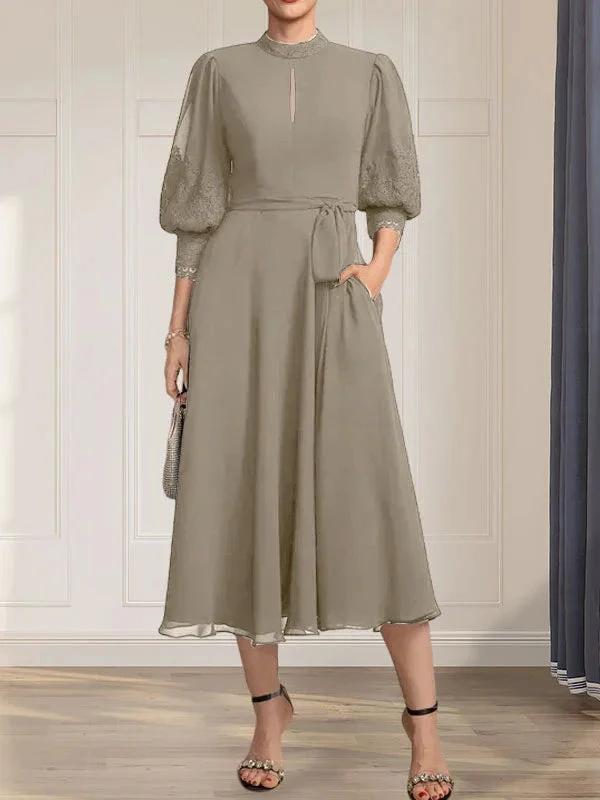 A-line High Neck Tea-Length Lace Chiffon Mother of the Bride Dress With Bow by Dreamylily