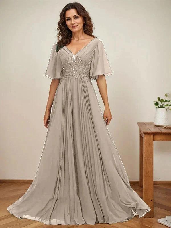A-line V-Neck Floor-Length Chiffon Mother of the Bride Dress With Sequins Appliques Lace Pleated by Dreamylily