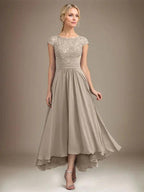 A-line Scoop Illusion Asymmetrical Lace Chiffon Mother of the Bride Dress With Pleated by Dreamylily
