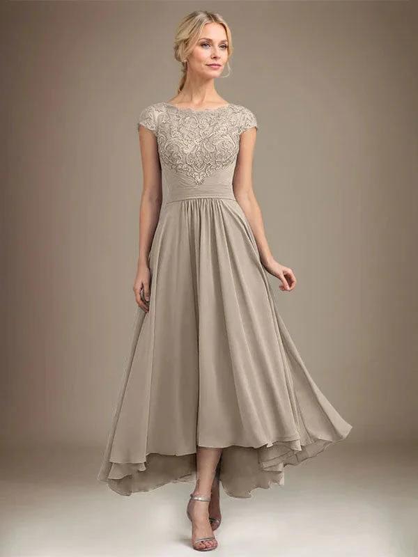 A-line Scoop Illusion Asymmetrical Lace Chiffon Mother of the Bride Dress With Pleated by Dreamylily
