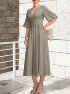 A-line V-Neck Tea-Length Lace Chiffon Mother of the Bride Dress With Pleated by Dreamylily