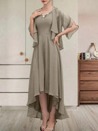 A-line V-Neck Asymmetrical Chiffon Mother of the Bride Dress With Beading Sequins by Dreamylily